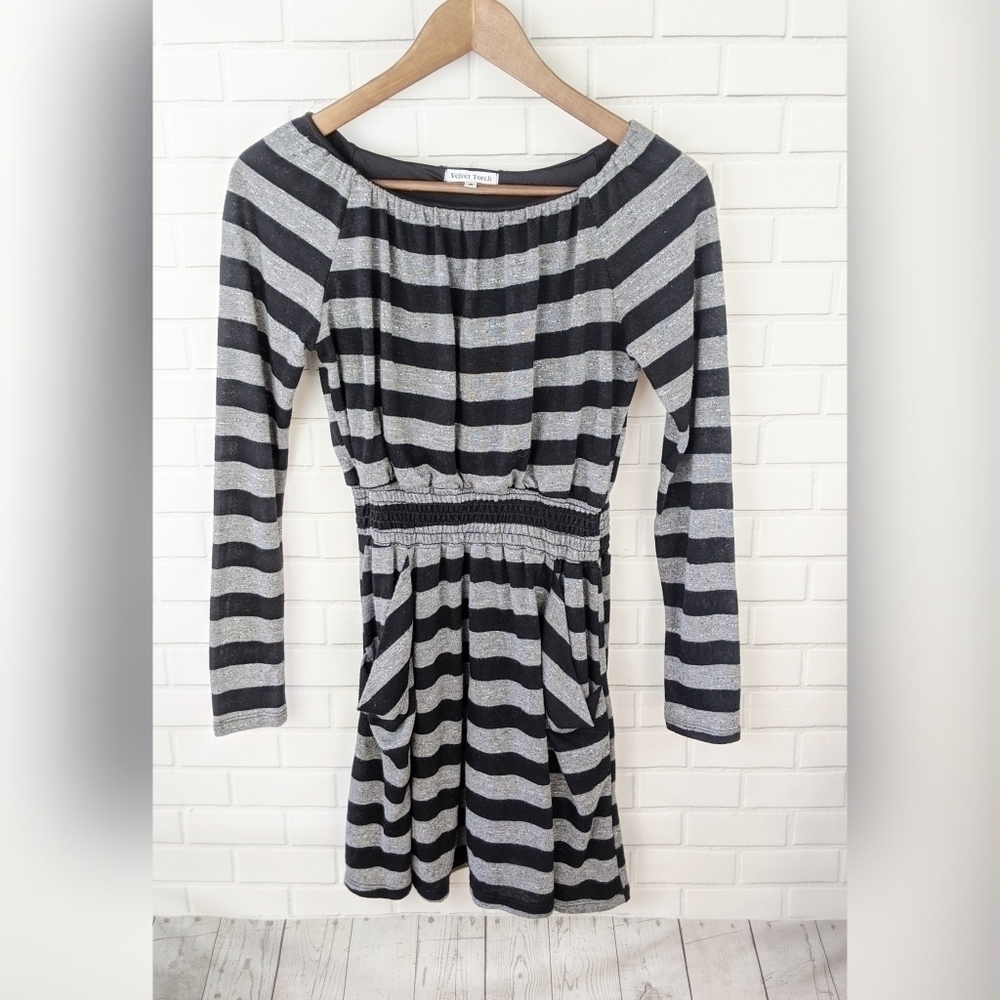 Velvet Torch Black Grey Striped Knit Fall Dress Womens Small